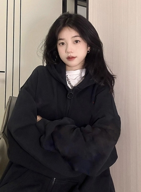 LIL CHER美式黑色连帽开衫卫衣外套女款春秋2024新款爆款长袖上衣
