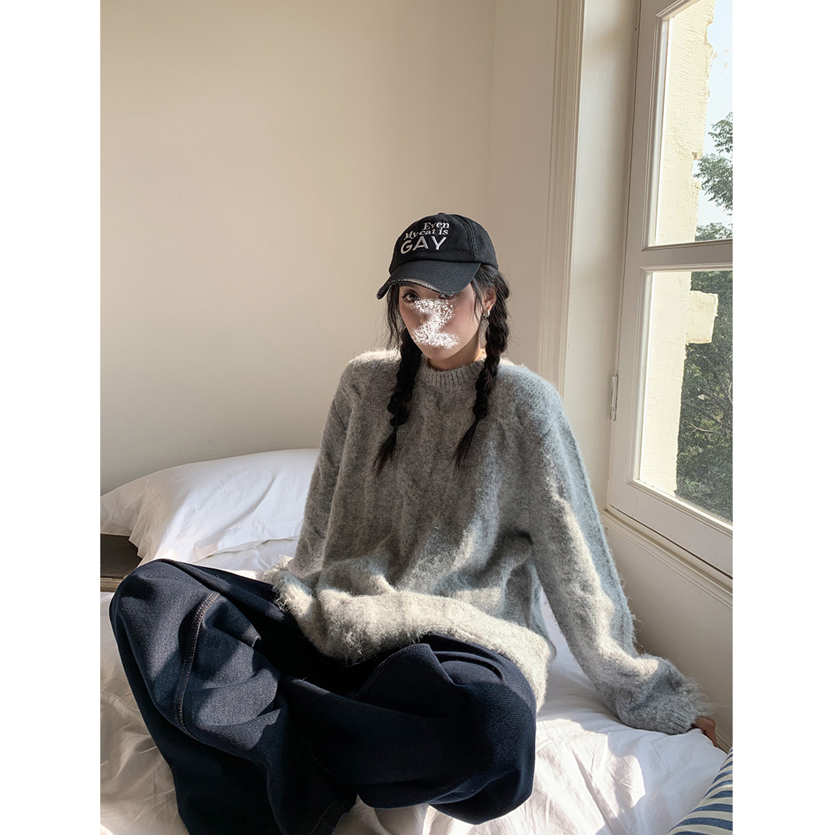 清仓 给足温暖 灰色麻花圆领毛衣女秋冬季慵懒感加厚针织外套百搭