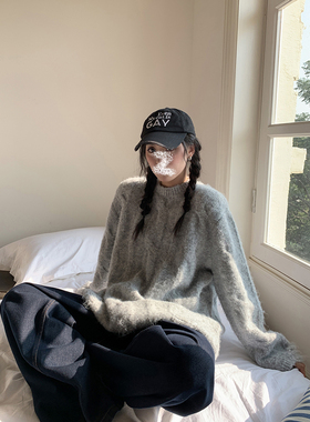 清仓 给足温暖 灰色麻花圆领毛衣女秋冬季慵懒感加厚针织外套百搭