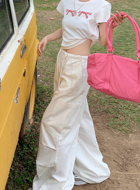 LIL CHER美式白色工装裤子女夏新款宽松显瘦直筒休闲阔腿运动卫裤