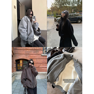绵密羊羔绒老钱松弛感软糯加厚立领简约拉链卫衣外套女 卫衣暖暖