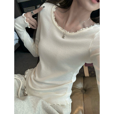 加厚加密木耳花边微笑领打底衫女