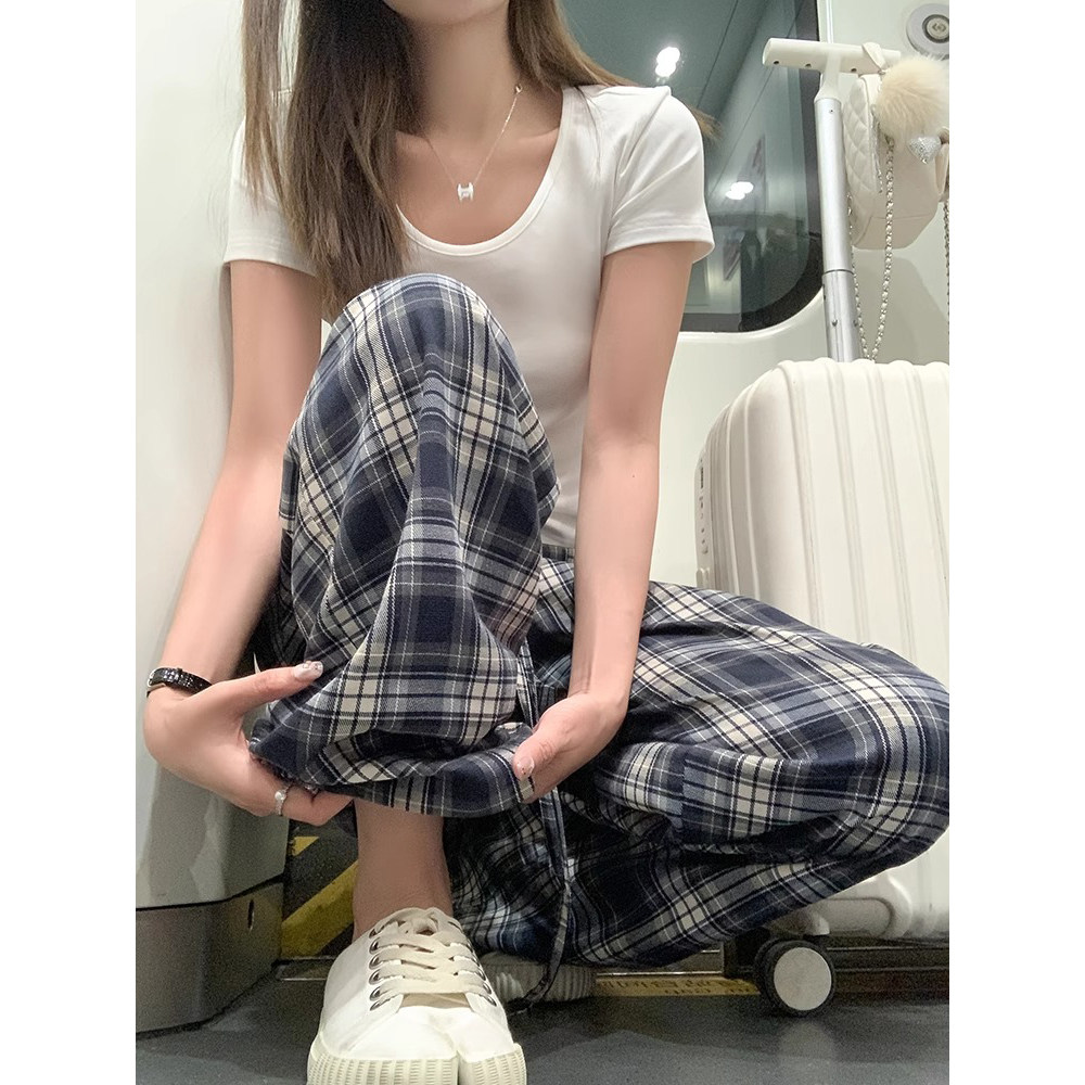 格子直筒休闲裤女阔腿裤长裤裤子