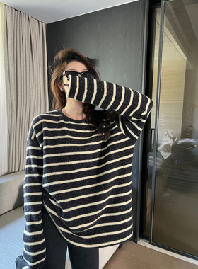 LIL CHER海盐奥利奥绒绒澳绒加厚慵懒宽松显瘦长袖条纹t恤女新款