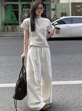 LIL CHER白色直筒工装裤女款阔腿裤春新款小个子宽松休闲拖地长裤