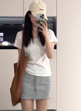 LIL CHER韩系白色U领纯棉正肩短袖T恤女夏季百搭修身显瘦打底上衣