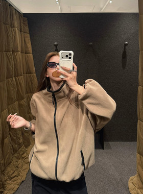 撞色立领宽松软糯卫衣拉链外套女