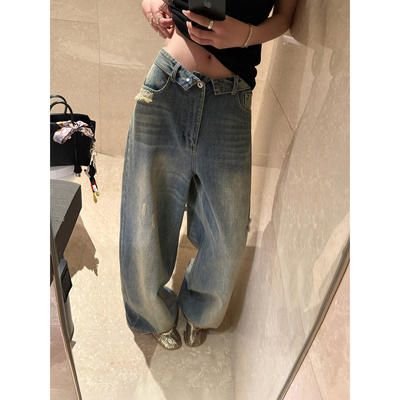 做旧水洗工艺翻边随意感牛仔裤女