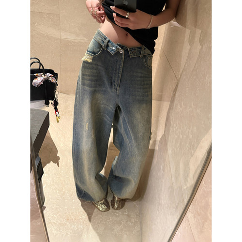 做旧水洗工艺翻边随意感牛仔裤女