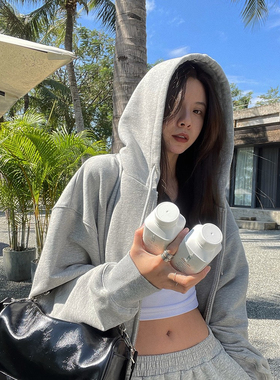 清仓 白灰色连帽拉链卫衣女春秋韩版宽松BF慵懒风上衣开衫外套女