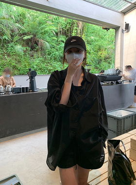 LIL CHER黑色长袖衬衫女春夏薄款宽松韩版慵懒风天丝外套上衣通勤