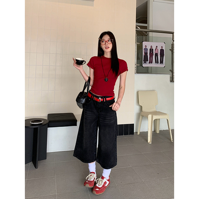 黑色洗水七分裤牛仔裤女美式复古