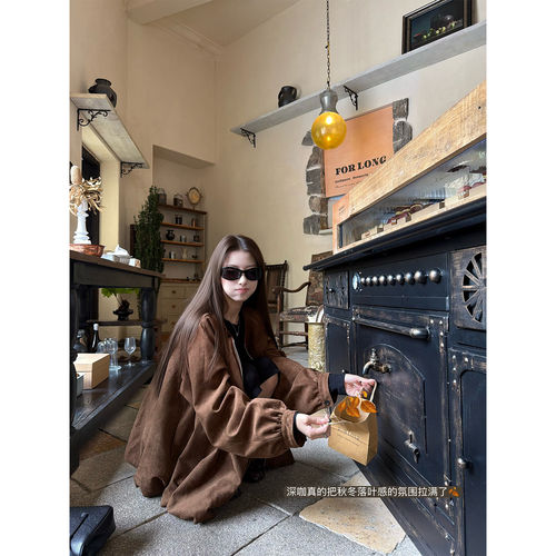 麂皮绒设计藏肉宽松弛感风衣外套