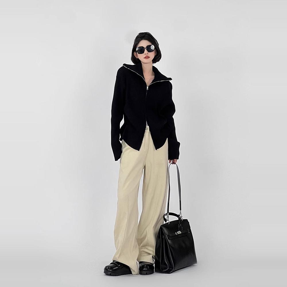 翻领双拉链毛衣外套针织开衫上衣