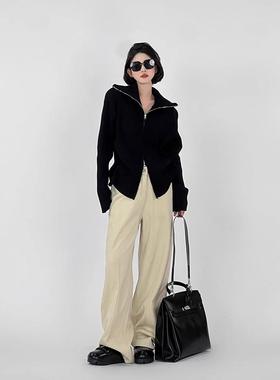 清仓 翻领双拉链毛衣外套女春秋韩系气质显瘦黑色针织开衫上衣女