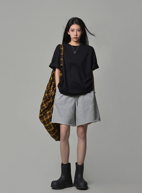 清仓 春夏季 卷边抽绳灰色运动短裤女松紧腰五分裤显瘦阔腿裤