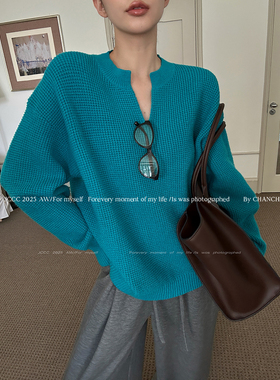 LIL CHER【蓝调笔记】蓝色显白华夫格针织肌理宽松显瘦套头毛衣春