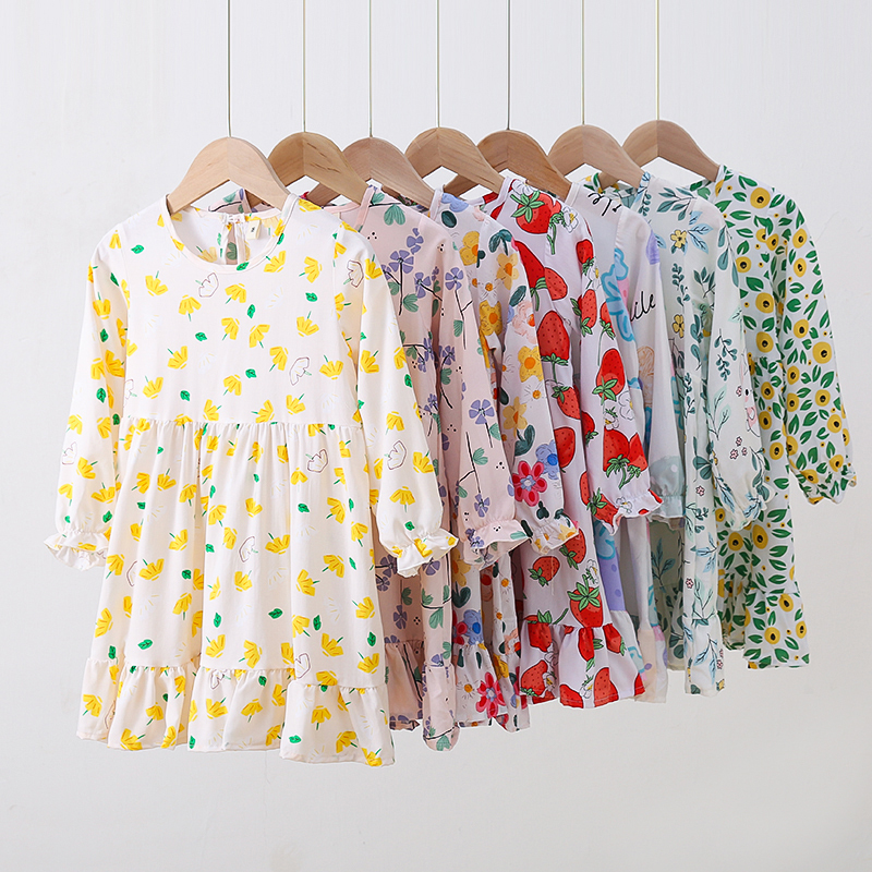 人造棉女童睡裙夏季m长袖儿童睡衣绵绸夏装薄款棉绸小女孩公主裙