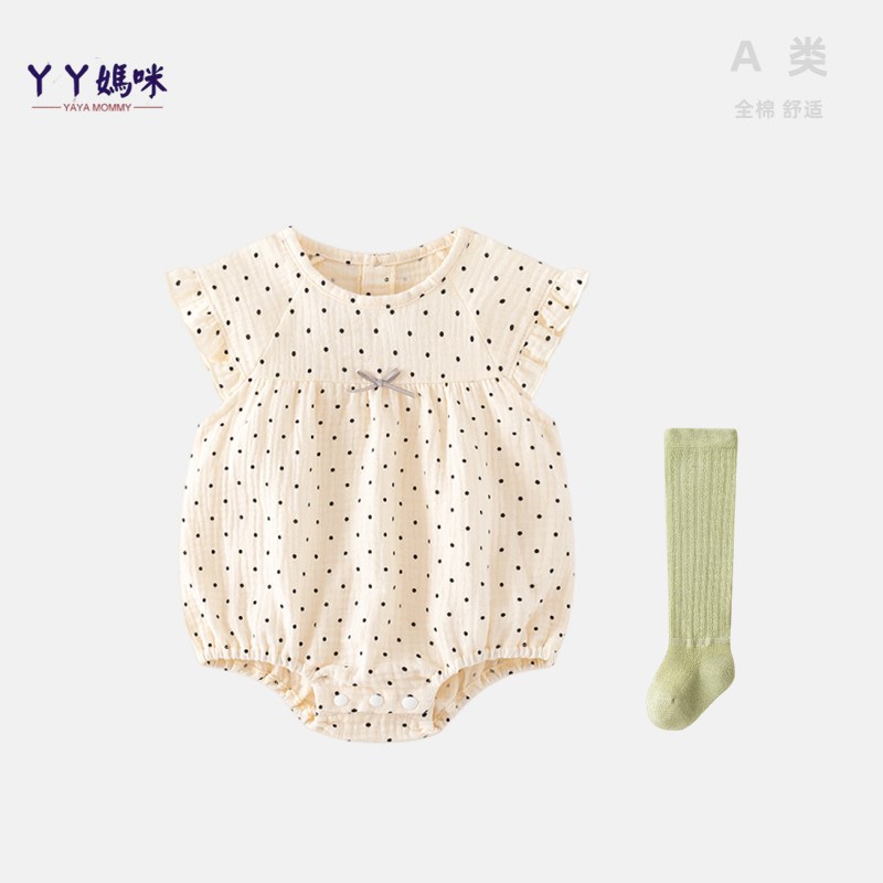 婴儿夏季纯棉薄h包屁衣新生女宝宝小飞袖波点可爱满月百天公主哈