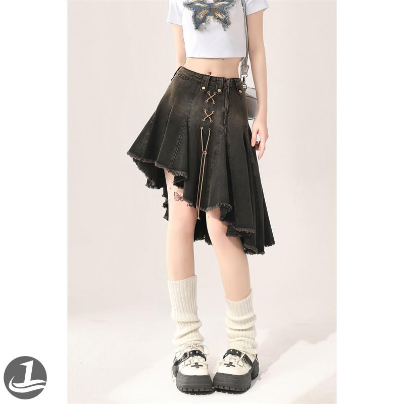 复古边黑色妹不规则牛仔半身裙女夏季设计辣感高JRI荷叶a字短裙腰