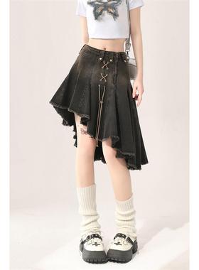 复古边黑色妹不规则牛仔半身裙女夏季设计辣感高JRI荷叶a字短裙腰