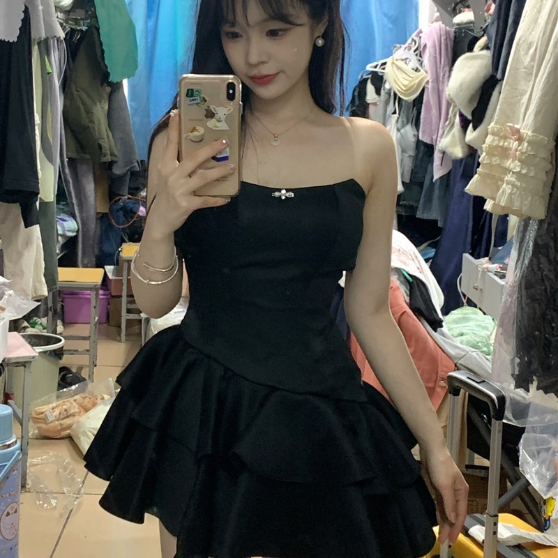 小个子法式黑色抹胸连衣裙女2024新款I夏季高级感礼服不规则蛋糕