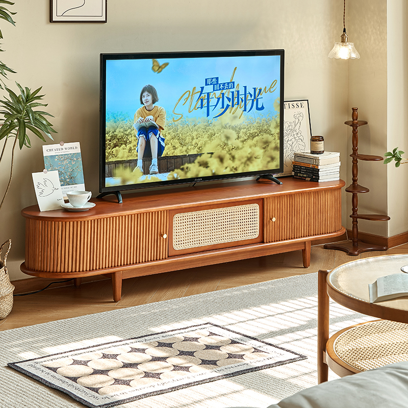 北欧复古电视柜茶几组合实木藤编收纳储物柜一体客厅家用简约现代