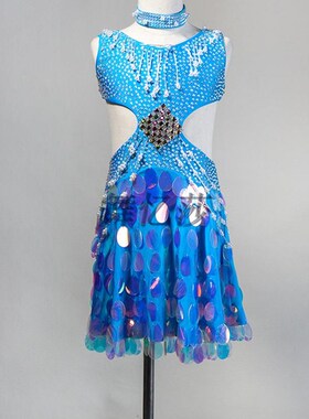 舞忆莎新款少儿拉丁舞蹈比赛服装A女儿童蓝色拉丁表演蓬蓬裙流023