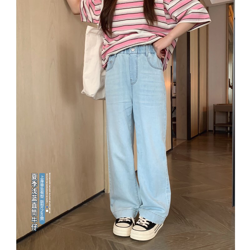 女大童韩系浅蓝直筒牛仔裤2024夏装新款青M少年薄款透气休闲阔腿