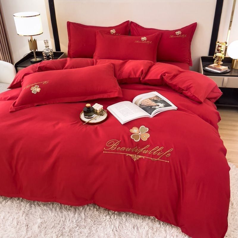 轻奢婚礼床上用品四件套亮红色简约高端床上用品床单被套婚礼床上,床上用品,床品套件/四件套/多件套,淘宝优惠券,粉丝福利购,淘宝优惠卷