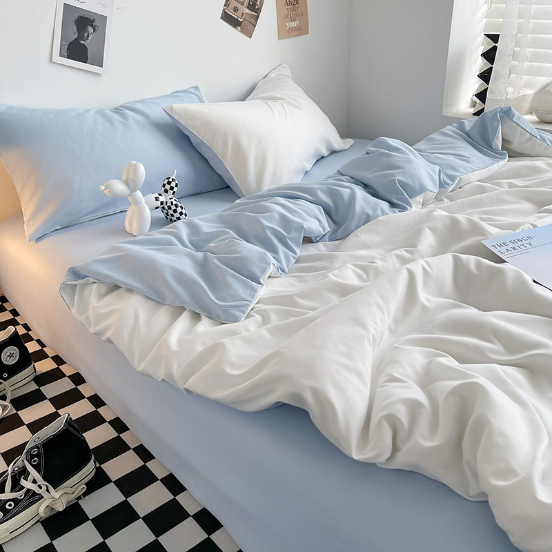 北欧简约蓝白床单四件套夏季被套床笠款冰丝被罩宿舍床上三件套男