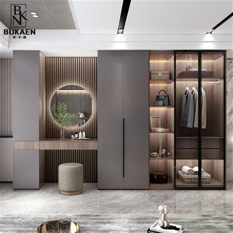 轻奢衣柜梳妆台一体家用卧室简约现代实木组合柜子玻璃门衣橱定制