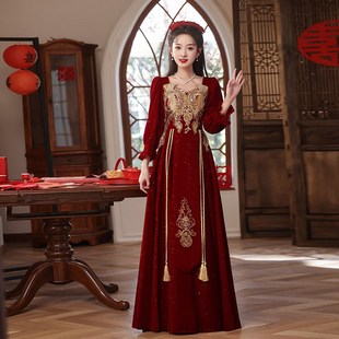大码敬酒服新娘结婚回o门服定亲酒红色长袖丝绒订婚连衣裙礼服女