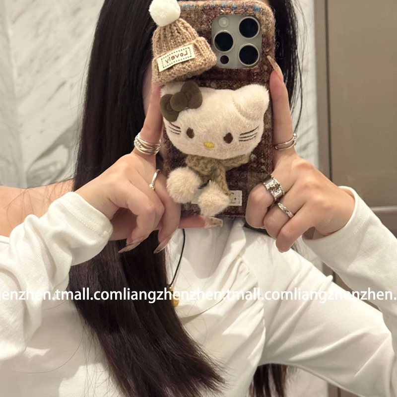立体帽子可爱Kitty猫适用苹果16promax手机壳iphone14女款15pro新款13秋冬毛呢pro防摔12毛绒绒高级感少女心