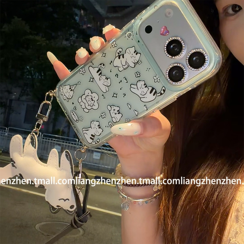 薄荷绿半透多只线条猫咪手机壳