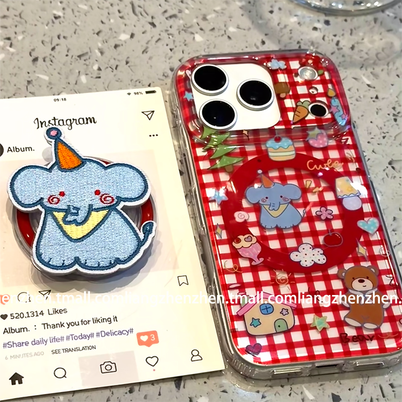ins风刺绣小象红色格子磁吸支架适用苹果17promax手机壳iphone16pro女款15新款13可爱14卡通趣味少女心网红潮,3C数码配件,手机保护套/壳,淘宝优惠券,粉丝福利购,淘宝优惠卷