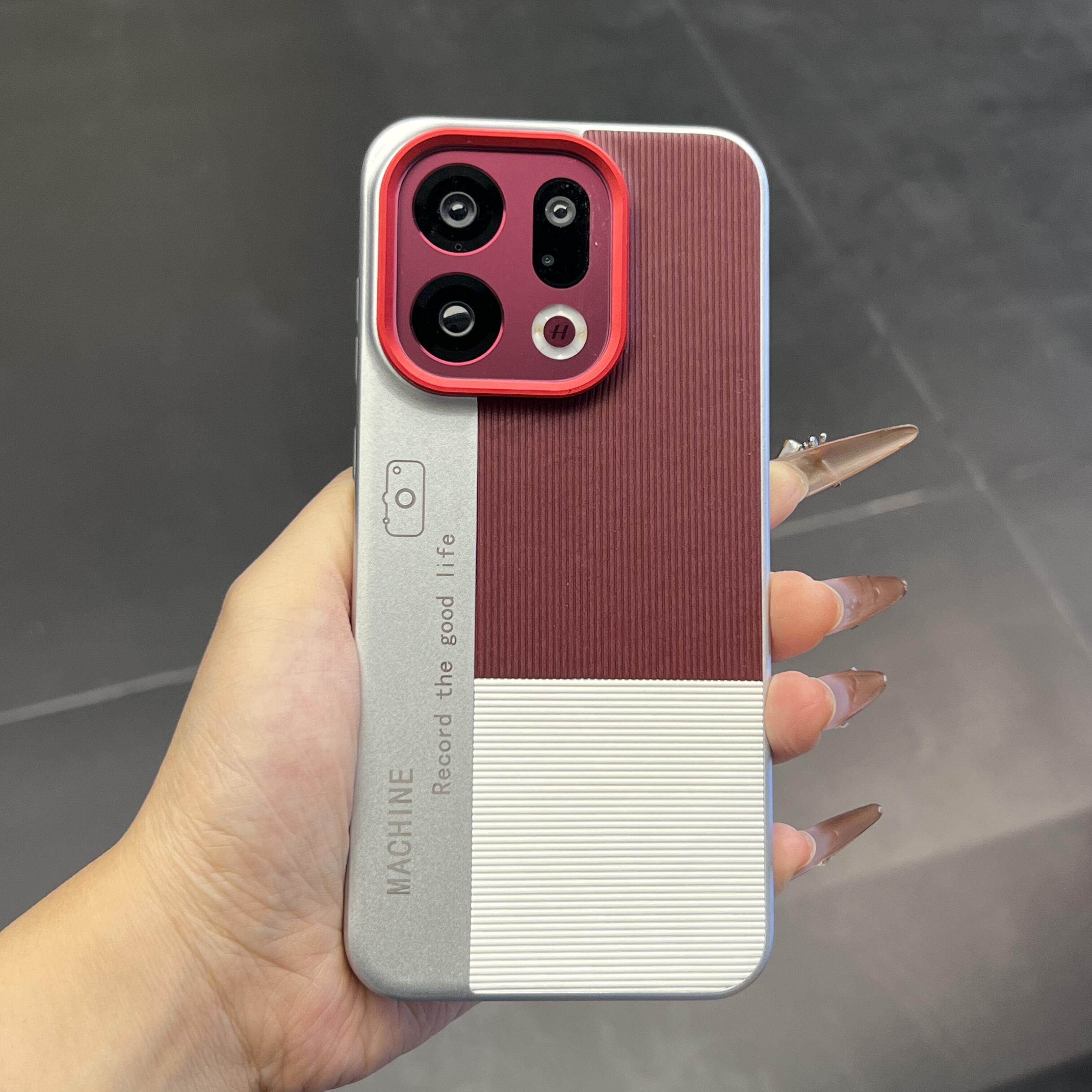 高级感酒红素皮拼色竖条纹秒变相机适用OPPOFindx9pro手机壳x8Ultra新款vivoX300全包防摔x200promini电镀+套