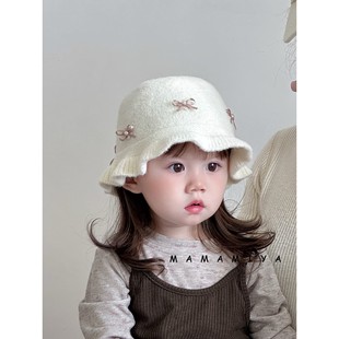 女宝宝帽子秋冬季甜美女孩公主帽女童蝴蝶结渔夫帽保暖针织毛线帽