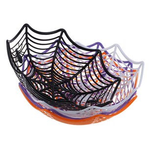 Halloween Candy Basket Spider Web Black Orange Bowl Plastic