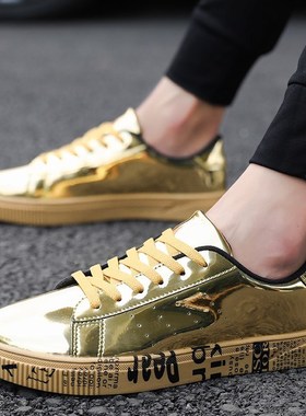 Weweya New Patent Leather Shoes For Men Gold Glossy Graffit