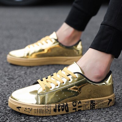 Weweya New Patent Leather Shoes For Men Gold Glossy Graffit
