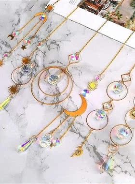 6 PCS Crystal Suncatchers With Chain Metal Moon & Sun