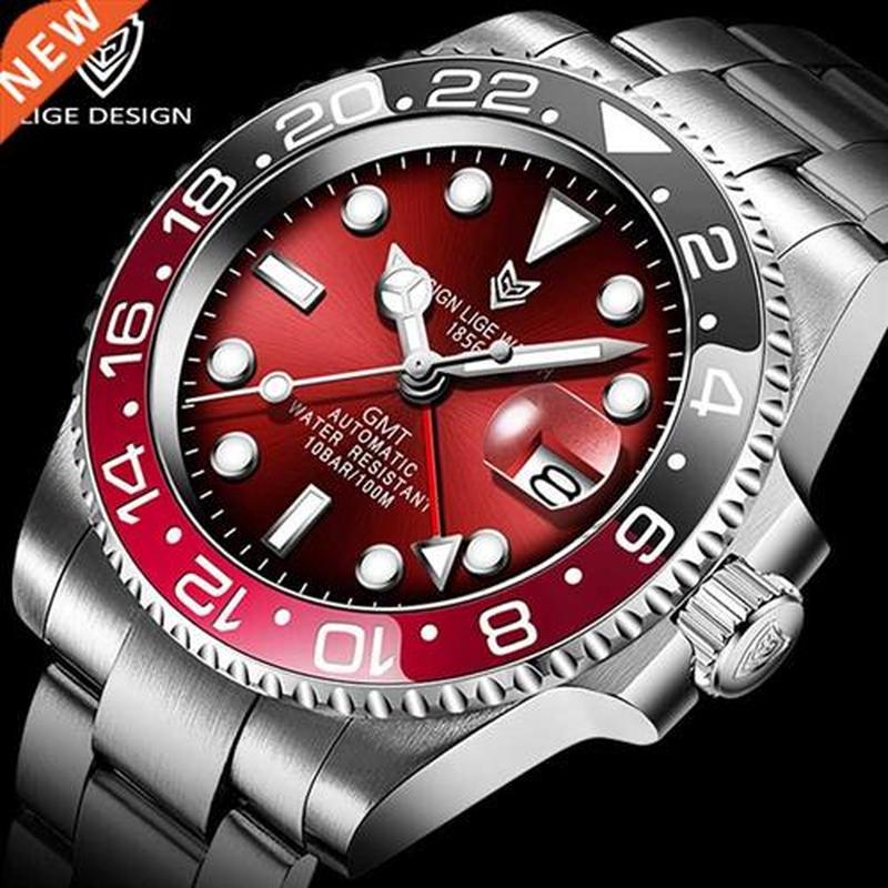 LIGE DESIGN Men GMT Automatic Mechanical Watch Ceramic Beze