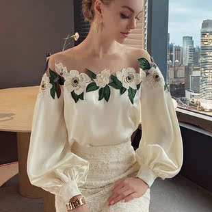 Luxury Flowers Embroidery Mesh Stitching Satin Shirt Sweet L
