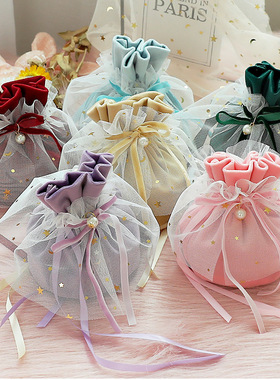 Velvet Drawstring Gift Bags With Gauze Imitation Pearl