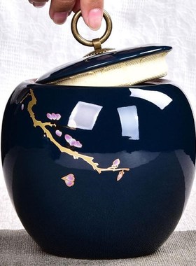 Chinese Tea Caddies Dark Blue Color Bamboo Plum Printed Tea