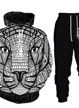 Mens Hoodie suit, Animal Tiger printed sportswear, long sle
