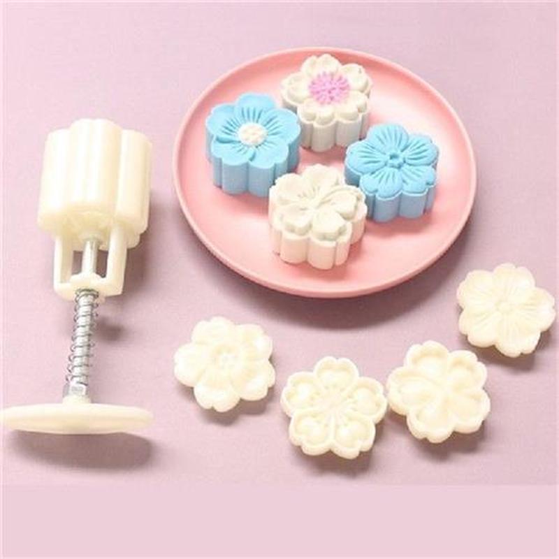 50g Mooncake Mold 4pcs Hibiscus Cherry Stamps Hand Press