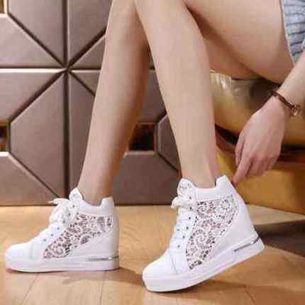 Women Wedge Platform Sneakers Rubber Brogue Leather High hee
