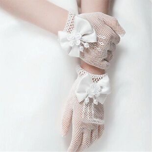 Exquisite White Lace Faux Pearl Fishnet Gloves Communion